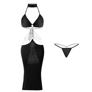 【中國直郵】 曼煙 情趣內衣 性感深v綁帶連身裙 美背修身開衩裙 黑色均碼