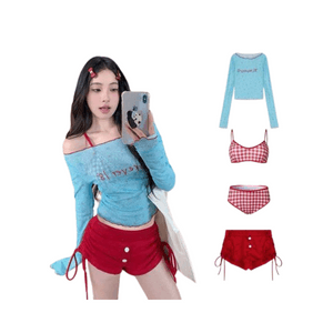 "Pure Desire Style Long-Sleeve Sunscreen Shirt, Water-Toned Split Bikini Swimsuit for Women, High-End Polyester Set, Blue, Size M, 1"