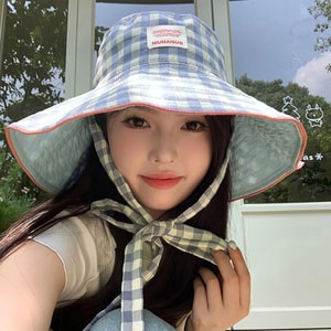 【中国直邮】 HSPM 新款防晒帽夏季ins风可折叠大帽檐遮阳双面格纹渔夫帽 灰蓝格纹 均码