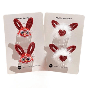 Red Lion Dance Bow Side Clip Hairpin Small Grip Headwear Lion + Heart 4cm*2 Pairs