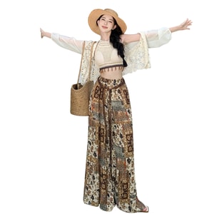 New Retro Printed High Waisted Wide Leg Pants Camisole Vest Cover Up Three Piece Set F