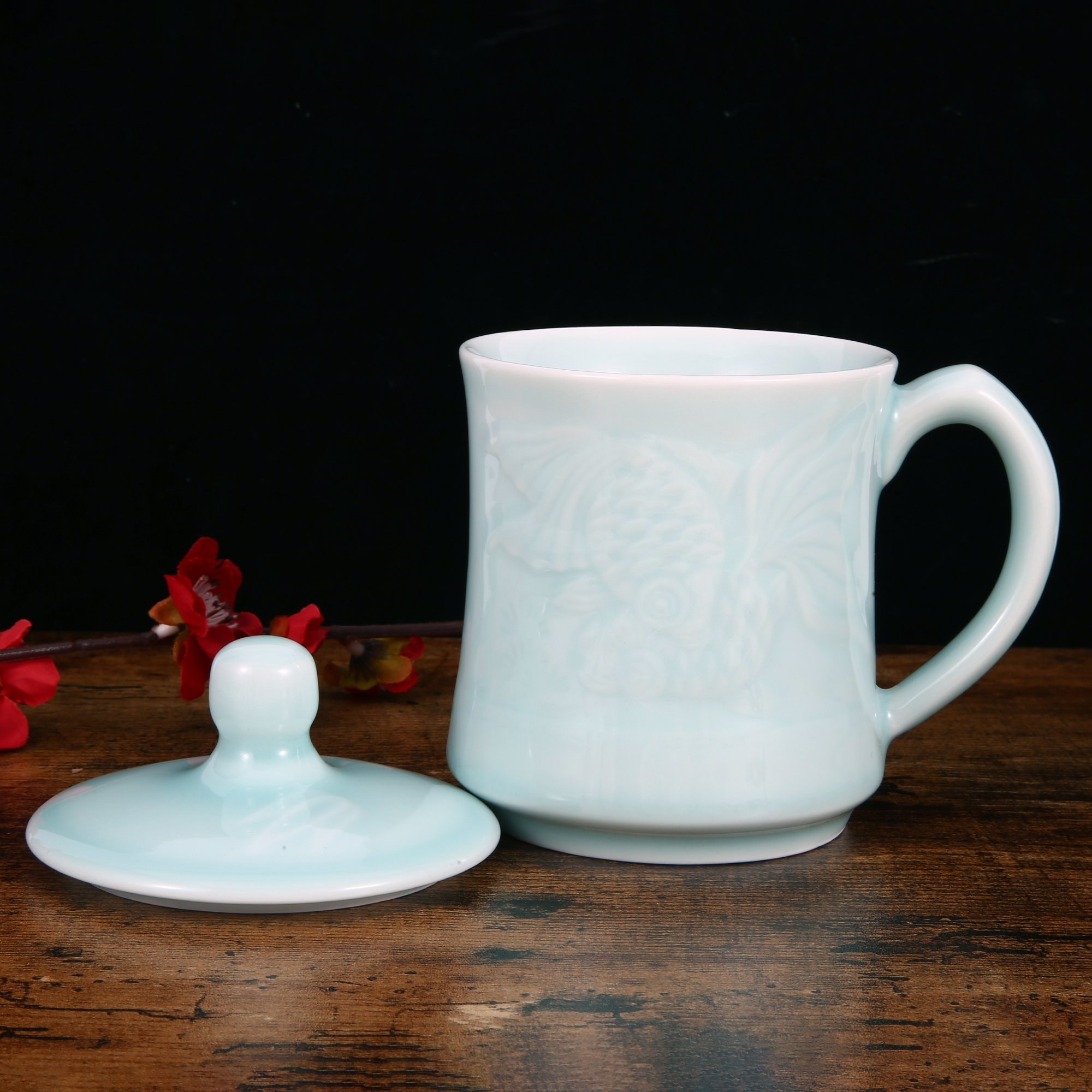 青花瓷茶杯 咖啡杯 牛奶杯 GREEN VALLEY青瓷带盖双鱼杯子礼盒 中国龙泉青瓷 世界非物质文化遗产 13盎司水杯 粉青