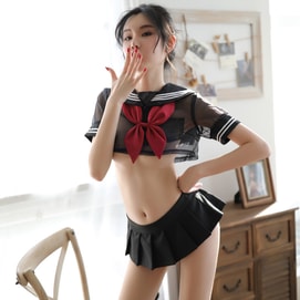 Sexy Lingerie Bowknot Net Yarn Perspective Student Wear Passion Set Sweet Uniform Temptation Sexy Black