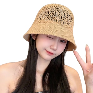 【中国直邮】 HSPM 度假沙滩休闲遮阳防晒帽 草编透气水桶草帽 女士夏季旅游防晒水桶帽 卡其 F 1顶