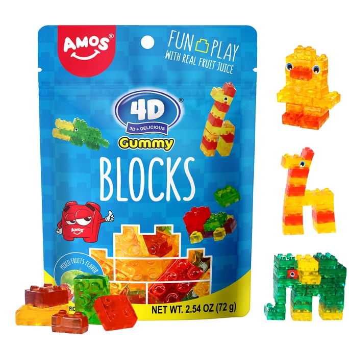 AMOS 4D Gummy Blocks Candy Bricks Edible Building Blocks Themed Novelty Candy for Kids Birthday Party Cupcake Topper