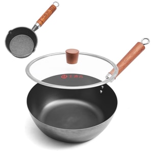 王源吉 【美拉德反应足“锅气”】 精铁加深煎盘26cm+泼油小锅 轻油物理不粘铁锅 深腔瞬导热 不鼓底 不挑灶