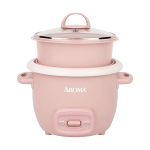 AROMA 多功能迷你電飯煲 3杯 0.8QT 彈出式蒸籠煮飯蒸菜一機多用 一鍵操作自動保溫 奶油粉色