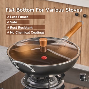 36CM Chinese Carbon Steel Wok And 26CM Carbon Steel Pan with Lid Flat Bottom No Chemical Coated for All Stoves