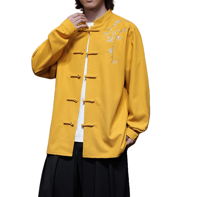 Chinese Style Embroidered Retro Button Shirt Loose Casual Tang Costume Yellow 2X-Large