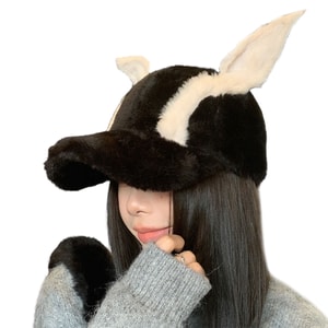 Cute Autumn Winter Baseball Cap Doberman Plush Dog Ears Hat Women Big Head Circumference Peaked Cap Thickened Warm Personalized  Black F 1 piece