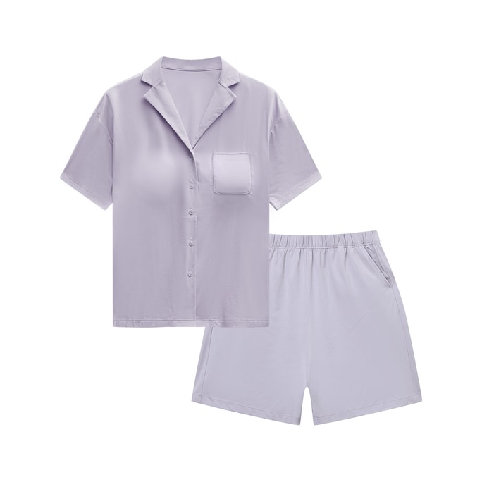 Classic Comfortable Cotton Flap Collar Short Sleeve Shorts Pajamas (With bras)-Purple-M