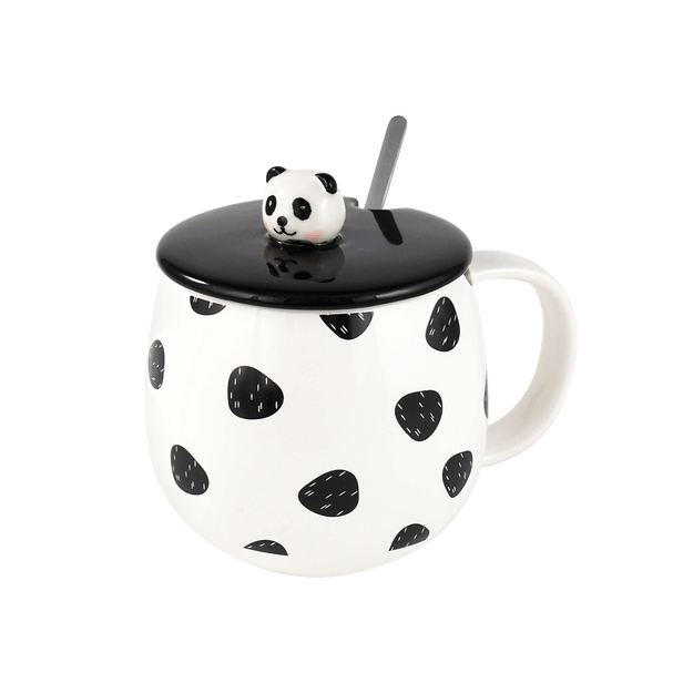 商品详情 - 黑白熊猫陶瓷马克杯水杯咖啡杯可爱礼物 附杯盖汤匙 3.5\"D x 4.5\"H - image  0