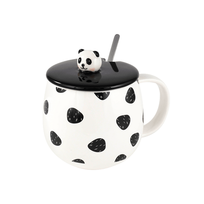 黑白熊猫陶瓷马克杯子 水杯子咖啡杯子 可爱礼物 附杯盖汤匙 3.5"D x 4.5"H