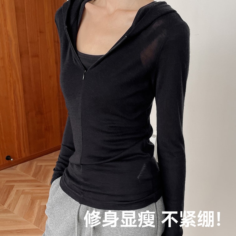 【中國直郵】 HSPM 綿羊毛連帽長袖內搭修身顯瘦半拉鍊打底衫 深黑L 1件 3