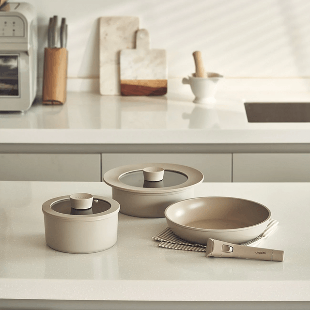 dogado organic cookware set, nonstick ceramic 6 piece, stackable pots and  pan, detachable removable handle (sand beige)