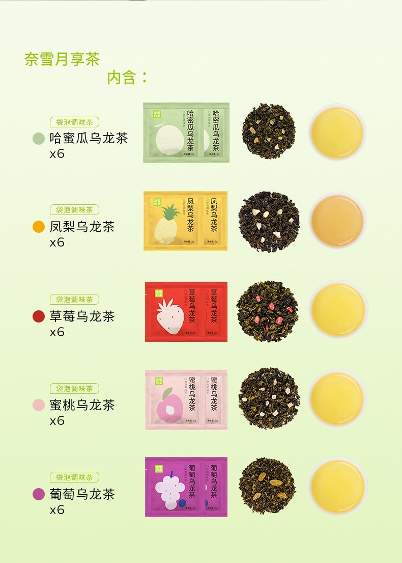 【中国直邮】 奈雪的茶 奈雪果香月享茶【哈蜜瓜乌龙茶x6+凤梨乌龙茶x6+草莓乌龙茶x6+蜜桃乌龙茶x6+葡萄乌龙茶x6】2g*30袋/盒
