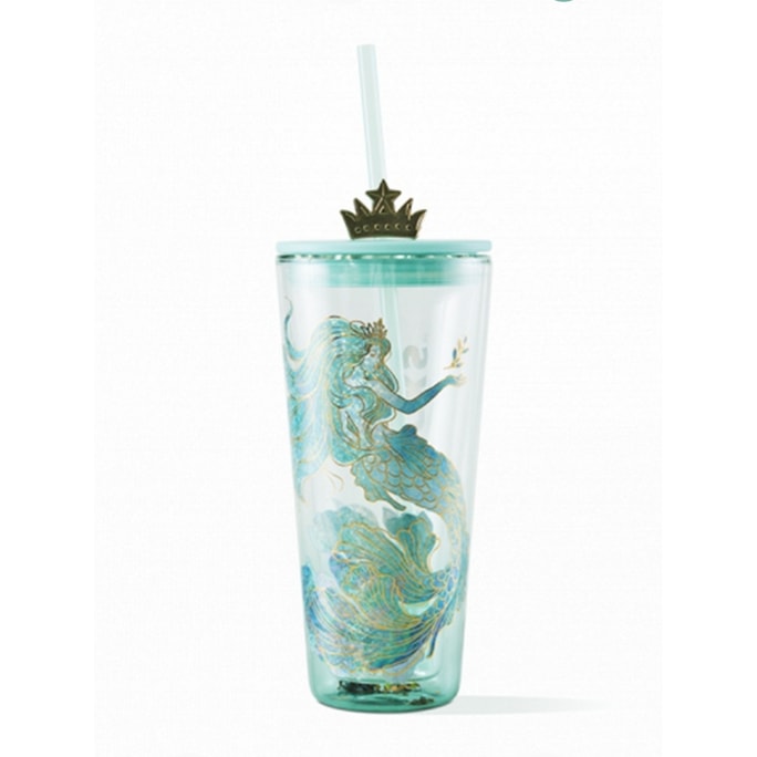 【中国直邮】星巴克周年海洋系列女神款渐变双层玻璃吸管杯办公水杯591ml*1