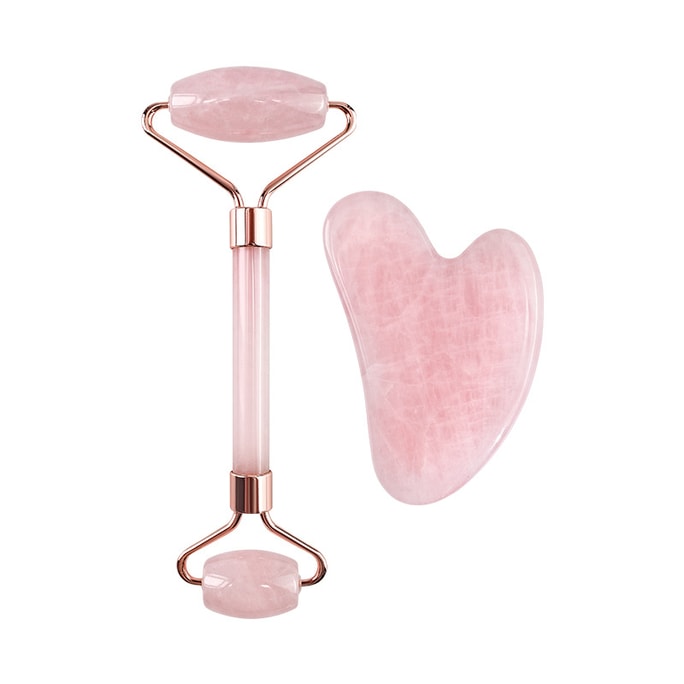 Natural Rose Quartz Double Roller Gua Sha Facial Eye Tool 2pc