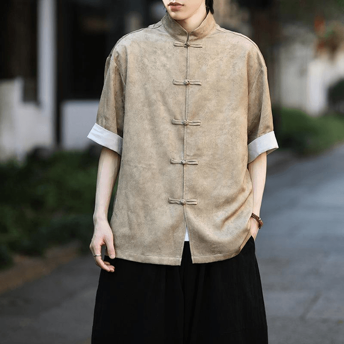【中国直邮】 ASIS 新中式男士印花立领盘扣唐装汉服-香槟色 M