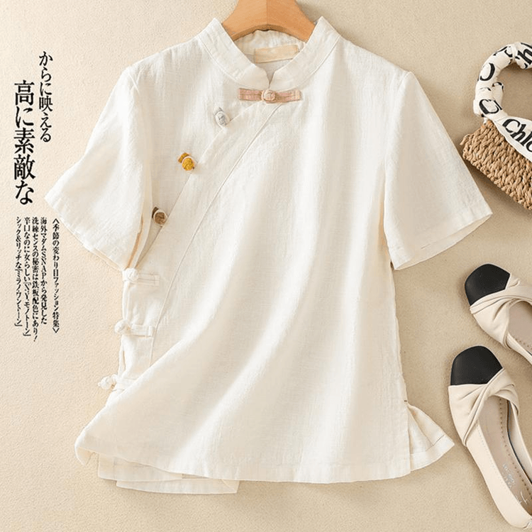 Chinese Style Cotton Linen Vintage Asymmetric Frog Button Short