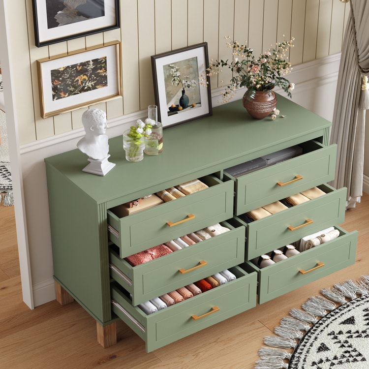 dresser sage green 6-Drawer Double 47.24x17.72x29.92in【Fresh & Natural】Gold Metal Handles, Solid Wood Legs, Ball-Bearing Slides, Anti-Tip Device【Kids Room·Bedroom·Living Room】Sturdy Storage Cab Bridal Dresses