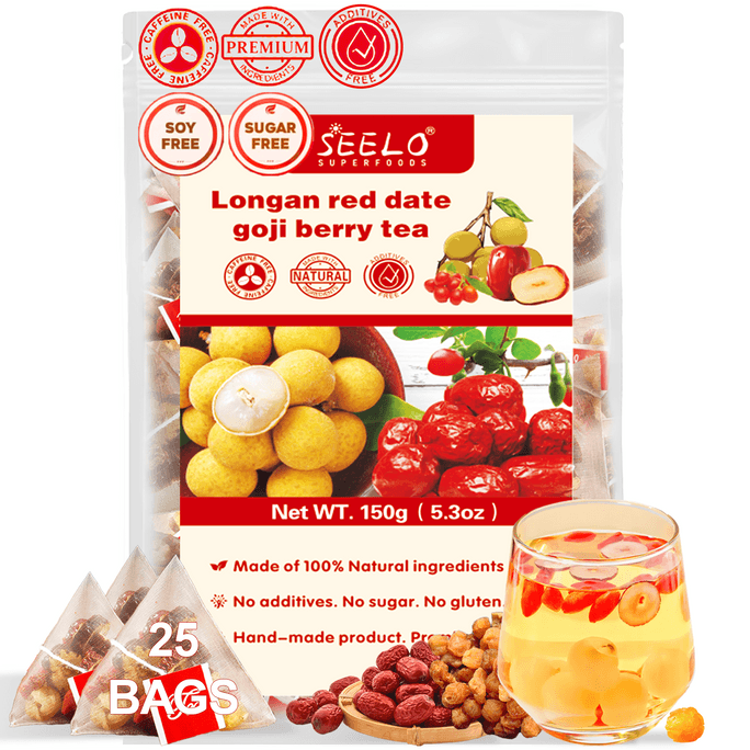 Seelo US Stock プレミアム ロンガン、レッドデーツ、クコの実茶 200g (健康と活力のための4つの宝物)