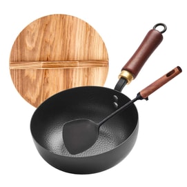 【Ultimate Quick-Cook Pot for Solo Dining】20CM Carbon Steel Iron Wok And Spatula Set With Wooden Lid Nonstick Stir Fry Pans for ElectricInduction and Gas Stoves