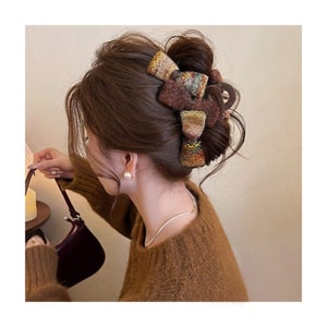 Retro Bow Hair Claw, 1 Large Piece, Fall/Winter High-End Mallard Shark Hair Clip, Knitted Bow Back-of-the-Head Hair Accessory