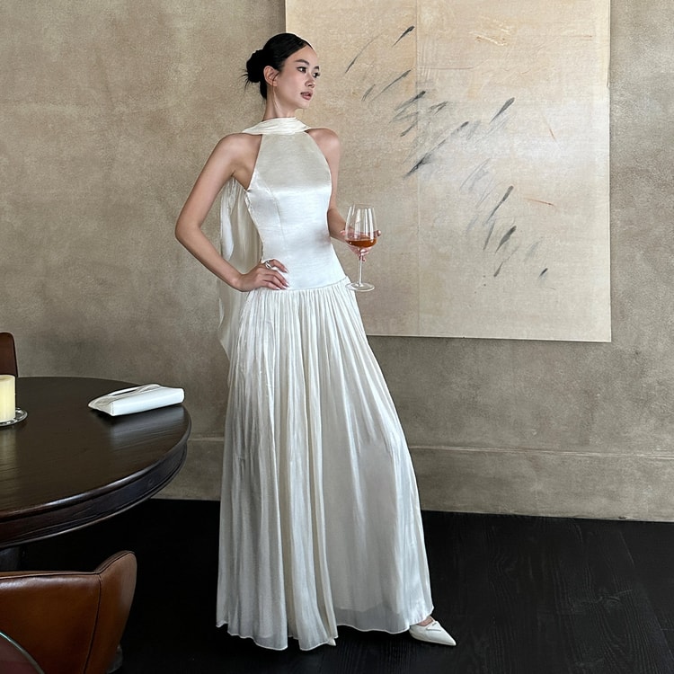 halter off shoulder dress Miss Circle Women's Quimera Almond Beaded Cape Halter Off-Shoulder Maxi Gown