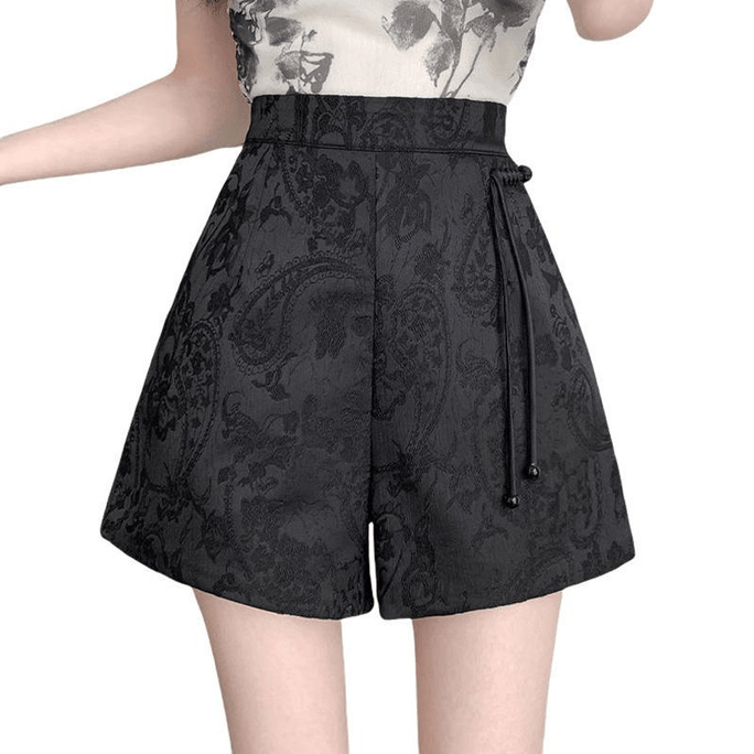 Chinese Style Stain Jacquard Retro Button High Waist Casual Shorts Black XL
