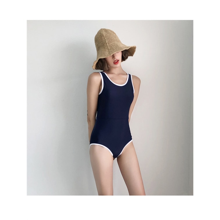 【中國直郵】爪哇島 復古連身性感比基尼遮肚顯瘦泳衣 均碼/藏青色 6