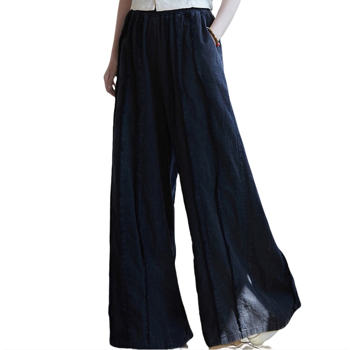 中国 ASIS 国家スタイルのレトロなスプライシング綿とリネンの女性のズボンワイドレッグパンツ黒ワンサイズ