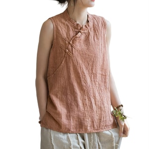 Chinese Style Ramie Stand-up Collar Retro Button Tank Top-Rouge Onesize