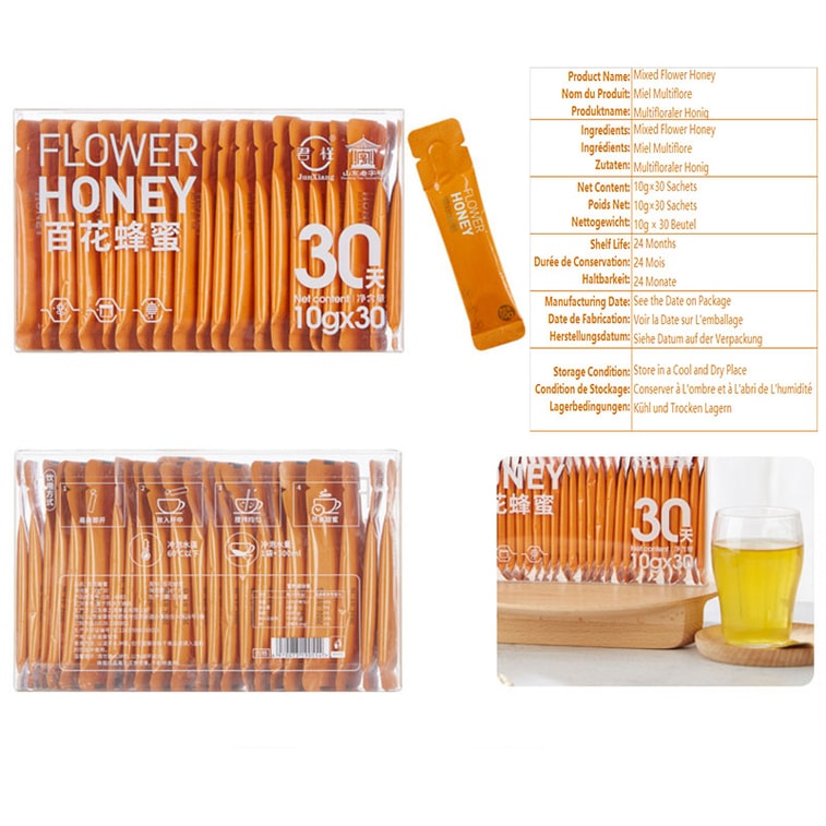 【Expédition directe du Canada】 Junxiang Miel de fleurs sauvages, miel pur et naturel 300g (10gX 30p) pour le thé de l'après-midi, tisanes, miel aromatisant pour boissons ! Peut être mélangé avec des boissons, utilisé pour la cuisine, la pâtisserie, ou consommé directement, emballage individuel pratique pour le bureau et la maison. Cadeau de fête. 4