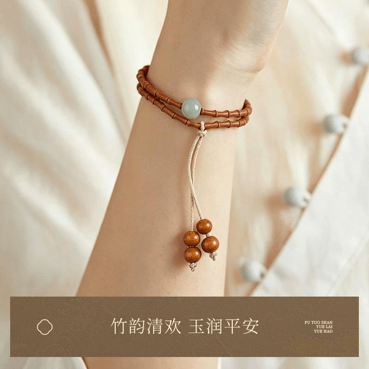 中国直邮】 普陀山竹节手串禅意木质手链双圈新中式天然橄榄核竹节珠手