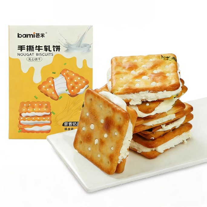 【中国直邮】 芭米 手撕牛轧饼 - 葱香奶盐味 咸香酥脆 云朵夹心苏打饼干 台湾风味 200g