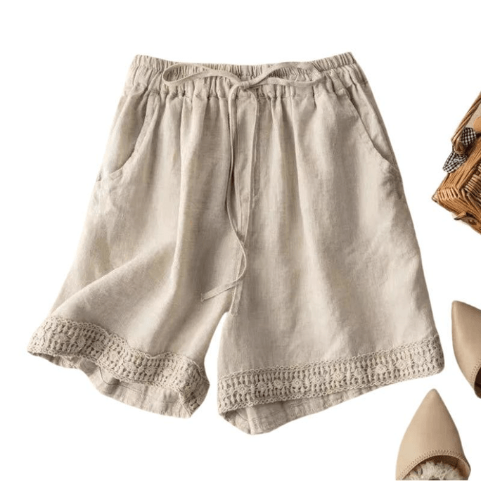 Women Summer Cotton and Linen Hollowout Lace Splicing Loose Casual Shorts Beige L