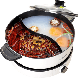 Joydeem Electric Multifunctional Hot Pot with Divider, Double Flavor Non-Stick Pot, Temperature Control, Large 5L Capacity for 6-8 People, 1500W, Whit