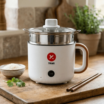 亚米定制火焰山城 单人份电火锅附蒸笼 蒸煮锅宿舍神器 18cm 白色加棕色手柄