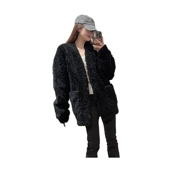 Women's Black Shearling Coat Autumn/Winter New Arrival Eco-Friendly Fur Blend Medium-Length Thickened Puffer Coat S