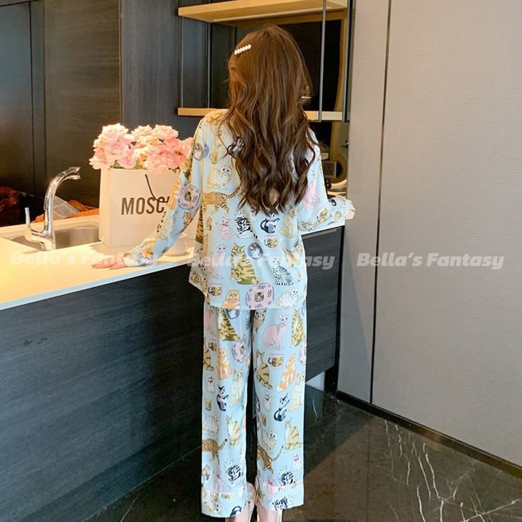美国 Bella’s Fantasy Bella's Fantasy 赵露思同款猫咪手绘冰丝长袖长裤秋冬睡衣套装超热卖 水蓝色 M 5