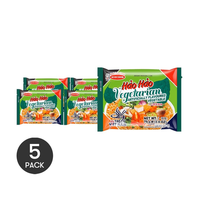 Hao Hao Instant Noodles , Vegetarian Artificially Flavored Veegetable Flavor, 75g *5【5 Packs】