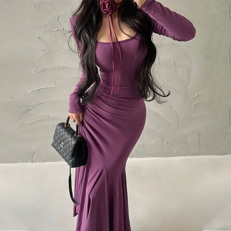 atmosphere purple dress Step-by-Step Lotus Atmosphere Pleated Waist Long Sleeve Wrap Hip Fishtail  Long Dress Vibrant Purple Tall Version L 1 Piece