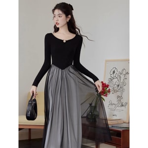 New French Hepburn Style Slim Knit Dress In Black S