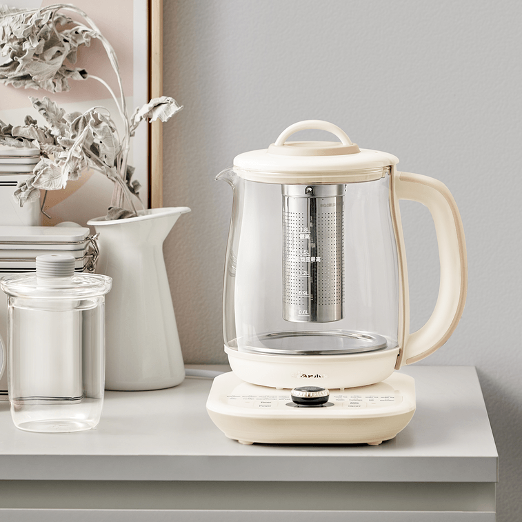 ガラスとステンレススチール製の電気ケトル（取り外し可能なティーバスケット付き）、容量60.87液量オンス（YSH-D18L5）、クリーム色 5