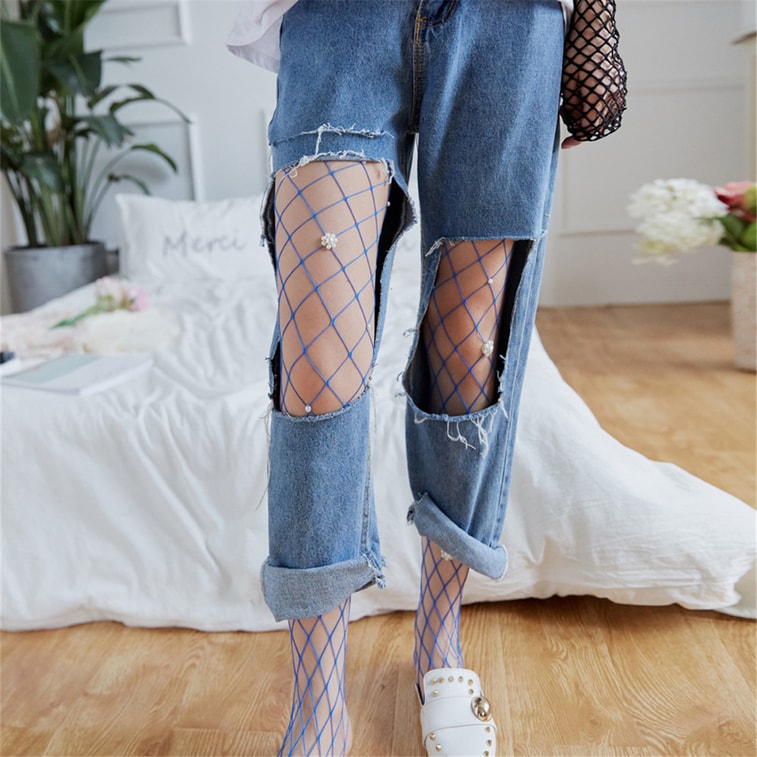 独角定制 夏季性感渔网袜连裤袜女 仿制珍珠钉珠网袜修身弹性裤袜 蓝色 1条 6