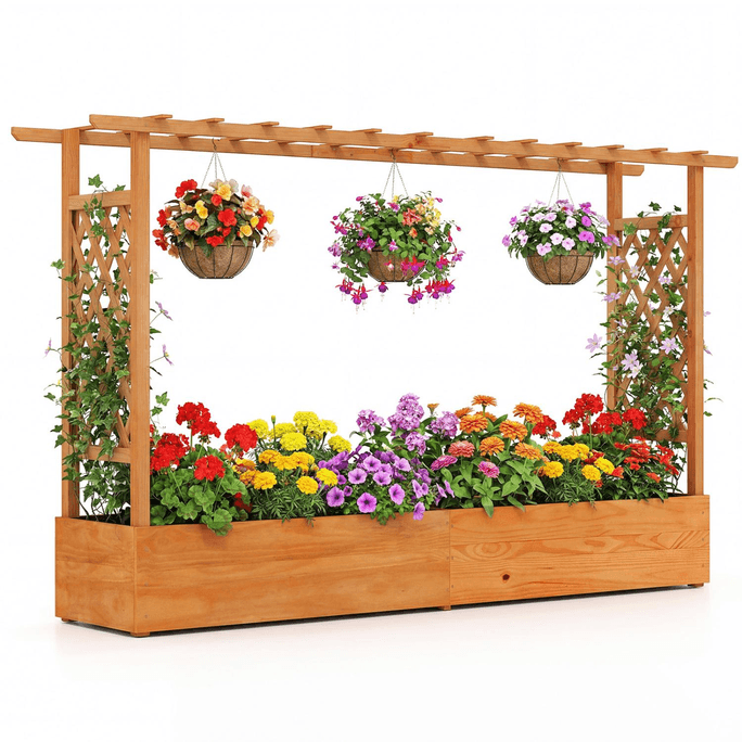 79 Inch Raised Garden Bed Planter Box With Lattice Trellis Drainage Holes