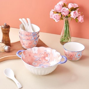 GOLDEN LION 四季花开 9头餐具套装 碗4勺1汤碗4.5寸碗+10寸双耳汤碗+13.5CM 长小汤勺 牛皮菲林盒包装 粉色