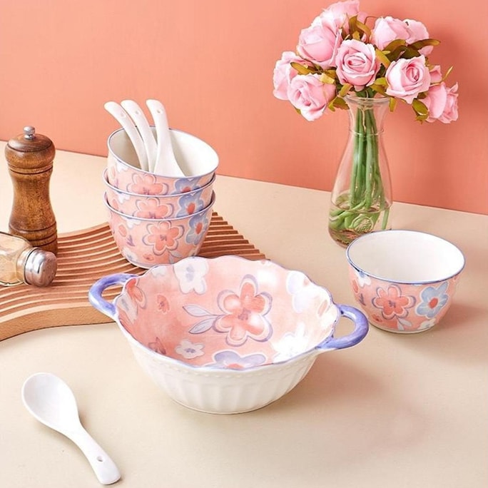 Four Seasons Bloom 9-Piece Tableware Set - 4 Bowls, 1 Soup Bowl, 4.5-inch Bowls, 10-inch Double-handled Soup Bowl, 13.5C