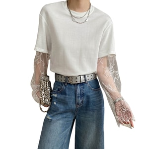 New Detachable Lace Sleeves Paired With Round Neck Loose Short Sleeved T-Shirt In White S